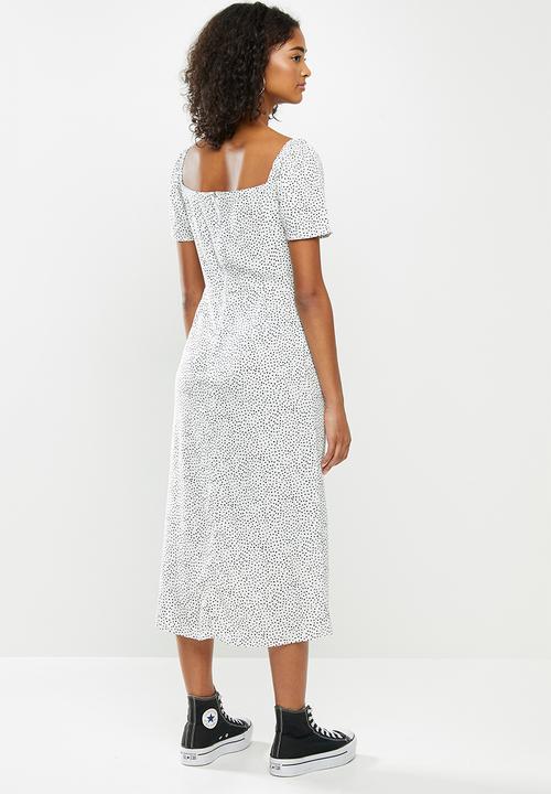 Blake - Puff sleeve midi dress with slit - white & black 