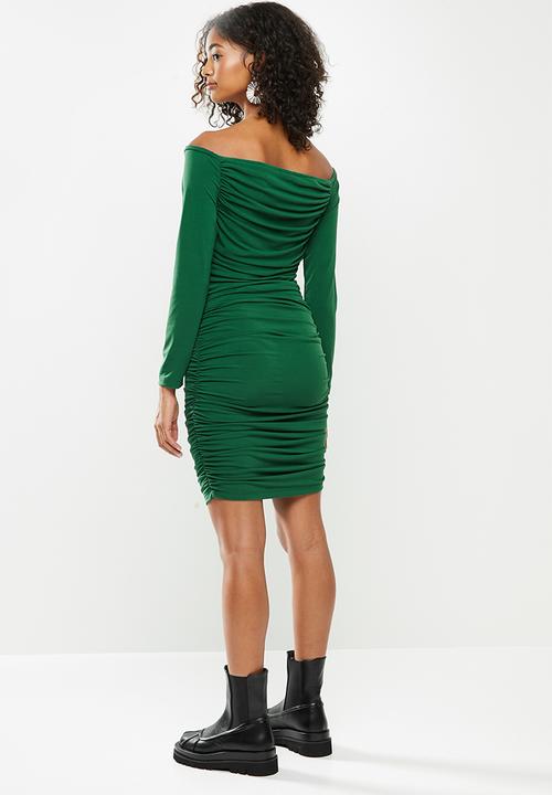 Blake - Bardot ruched mini dress - emerald