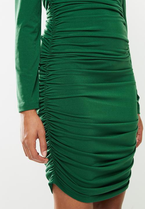 Blake - Bardot ruched mini dress - emerald