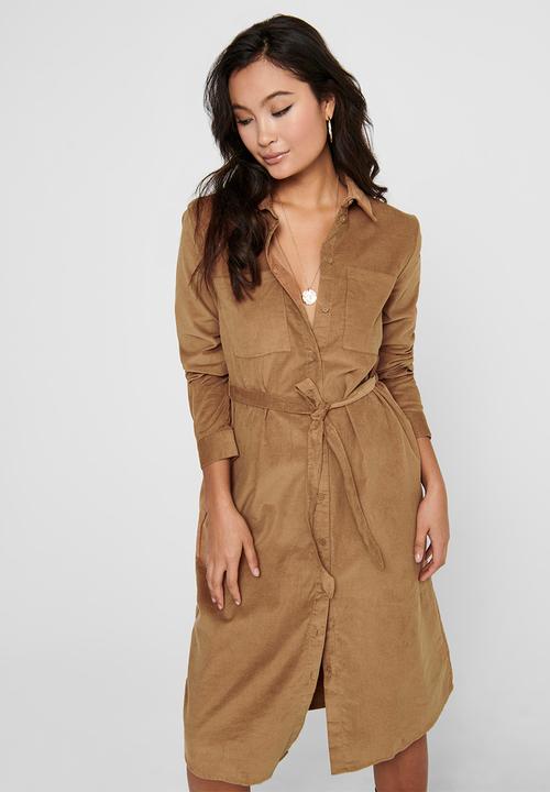 Jacqueline de Yong - Collins long sleeve corduroy shirt dress - tan