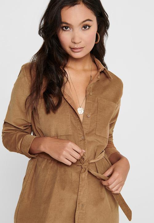 Jacqueline de Yong - Collins long sleeve corduroy shirt dress - tan