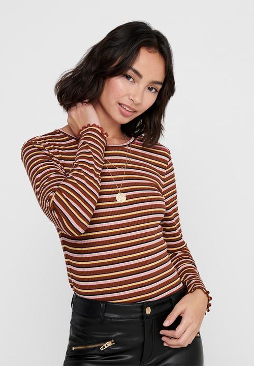Jacqueline de Yong - Maya long sleeve stripe top - russet brown