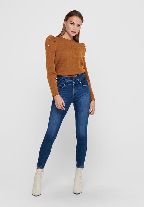 Jacqueline de Yong - Mielong sleeve pearl puff sleeve top - brown 