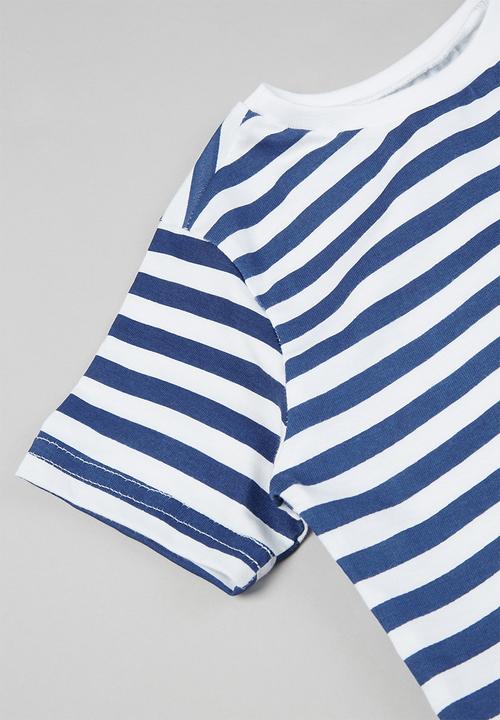 Pop Candy - Younger boys 2 pack stripe short sleeve tees - navy & white