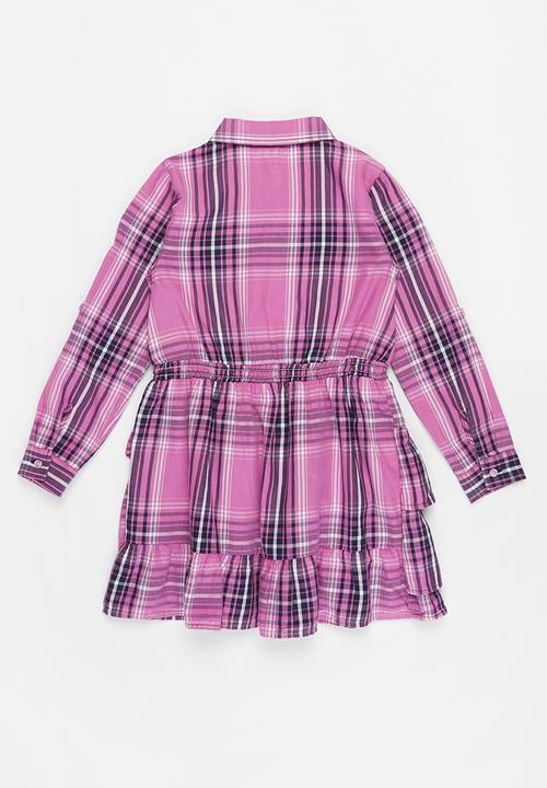 GUESS - Girls check long sleeve dress - pink & navy 