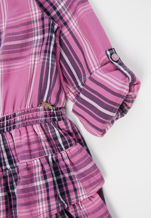 GUESS - Girls check long sleeve dress - pink & navy 