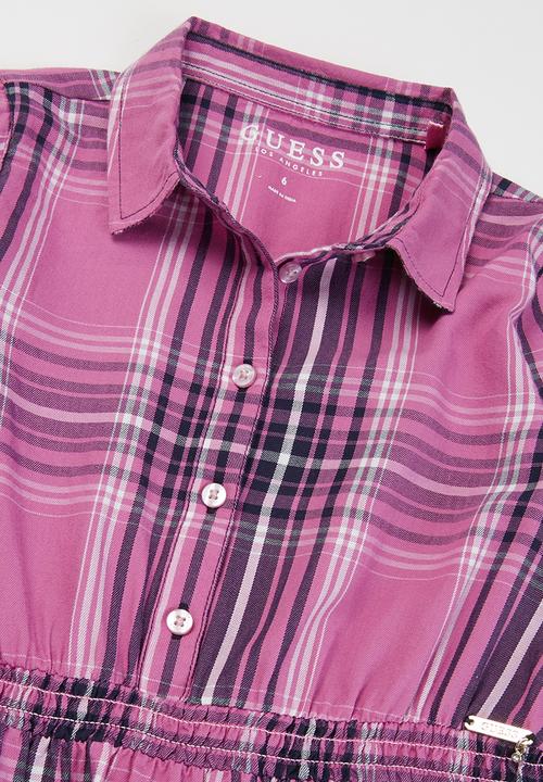 GUESS - Girls check long sleeve dress - pink & navy 