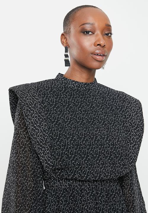 Missguided - Hi neck shoulder pad midi dress long sleeve star - black