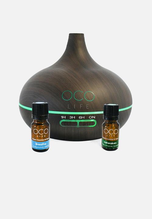 OCO Life  - Tall - dark wood diffuser with 2 oils  breathe & reawaken