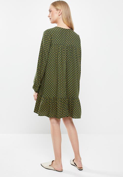 Jacqueline de Yong - Enzo tier dress - olive & yellow 