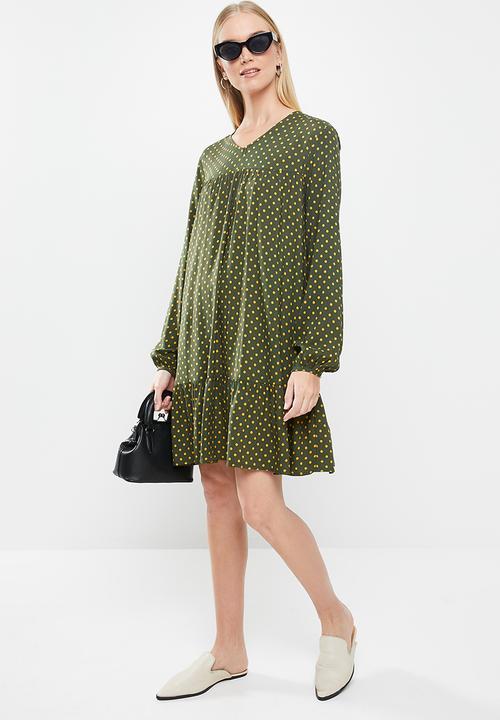 Jacqueline de Yong - Enzo tier dress - olive & yellow 