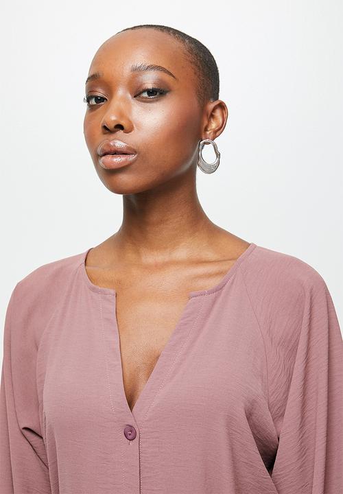 edit - Lantern sleeve mandarin shirt dress - pink