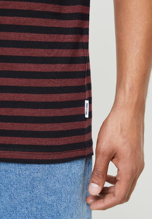 Only & Sons - Jamie life short sleeve stripe reg tee - burgundy & black
