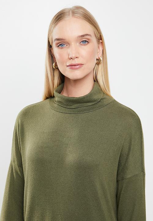 Jacqueline de Yong - Sara tonsy long sleeve cowl neck dress - olive 