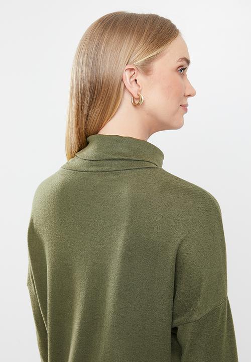 Jacqueline de Yong - Sara tonsy long sleeve cowl neck dress - olive 