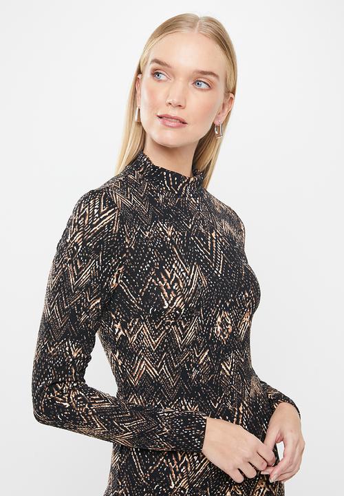 Jacqueline de Yong - Christy long sleeve dress - black & brown 