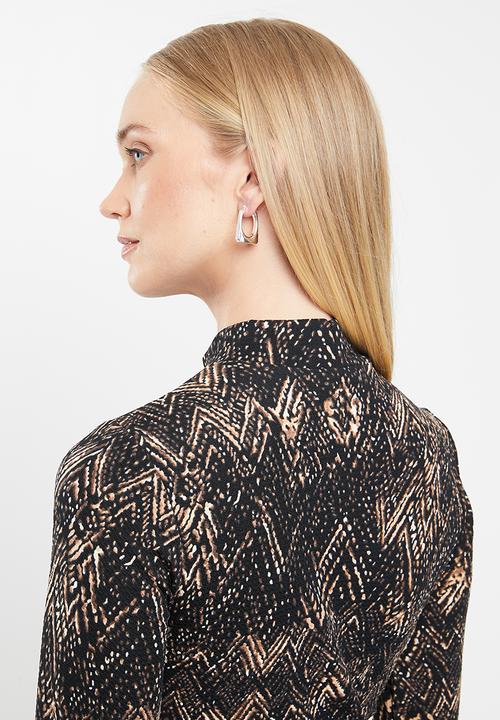 Jacqueline de Yong - Christy long sleeve dress - black & brown 