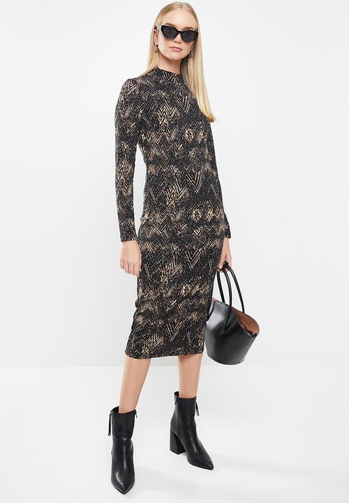 Jacqueline de Yong - Christy long sleeve dress - black & brown 
