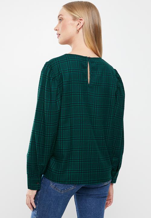 Jacqueline de Yong - Ninna long sleeve puff top - green & black 