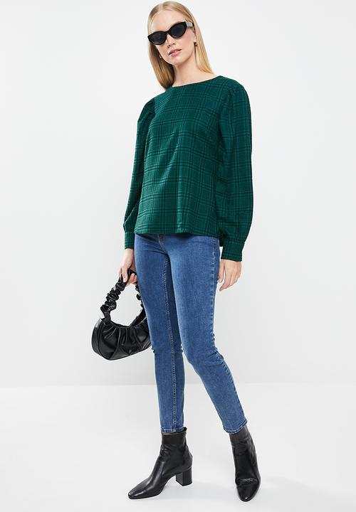 Jacqueline de Yong - Ninna long sleeve puff top - green & black 