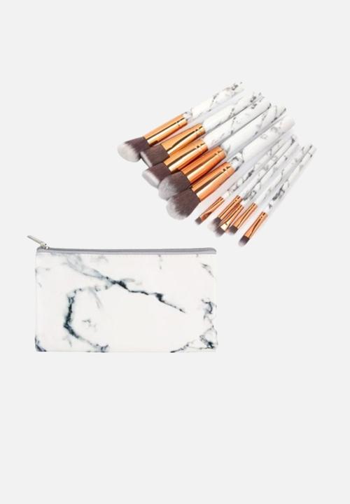 Glam Beauty - 10 Piece Make Up Brush Set and Purse - White Marble