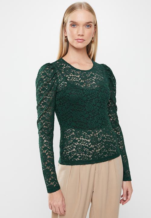 Jacqueline de Yong - Kim long sleeve puff sleeve lace top - green 