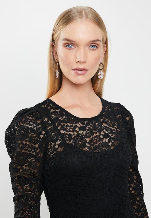 Jacqueline de Yong - Kim long sleeve puff sleeve lace top - black
