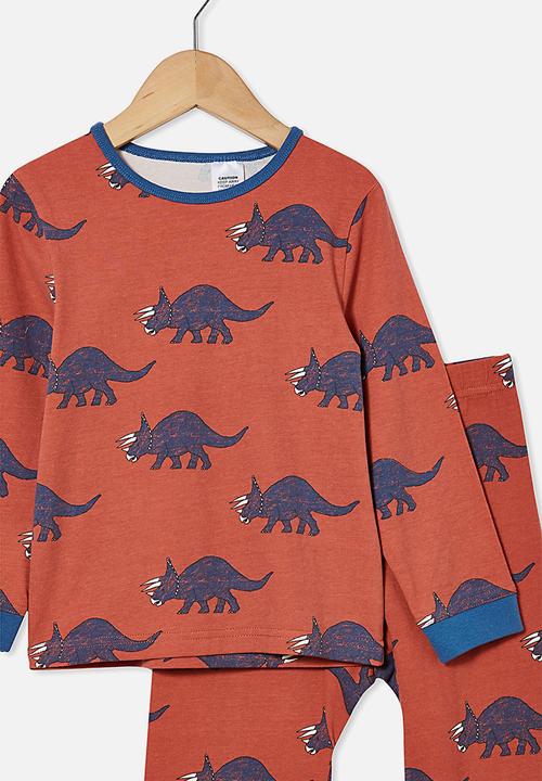 Cotton On - Orlando long sleeve pyjama set - textured dinosaur & chutney