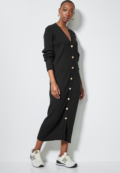 Superbalist - Organic cotton ribbed button thru knitwear dress  - black