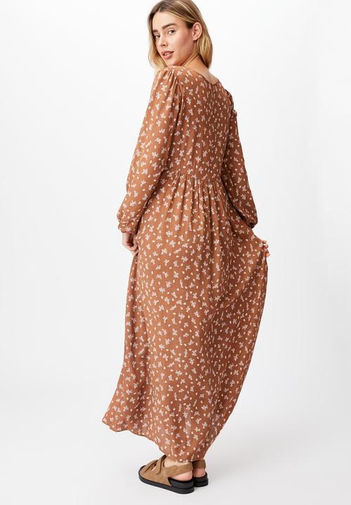 Cotton On - Woven kimberly babydoll long sleeve maxi dress - riddle ditsy leaf brown
