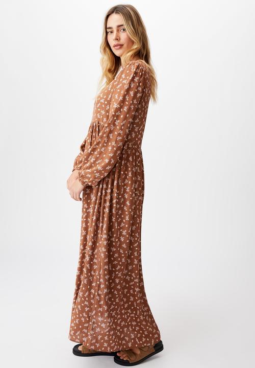 Cotton On - Woven kimberly babydoll long sleeve maxi dress - riddle ditsy leaf brown