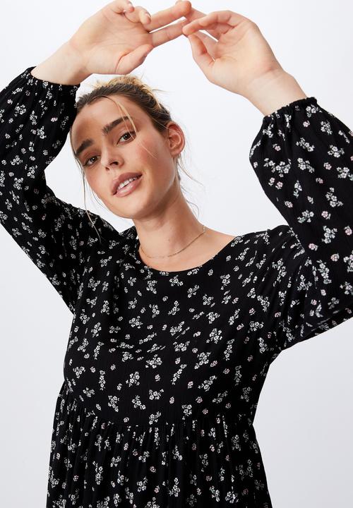 Cotton On - Woven kimberly babydoll long sleeve maxi dress - riddle ditsy black