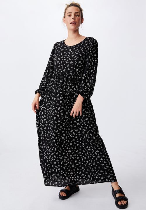 Cotton On - Woven kimberly babydoll long sleeve maxi dress - riddle ditsy black