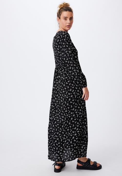 Cotton On - Woven kimberly babydoll long sleeve maxi dress - riddle ditsy black