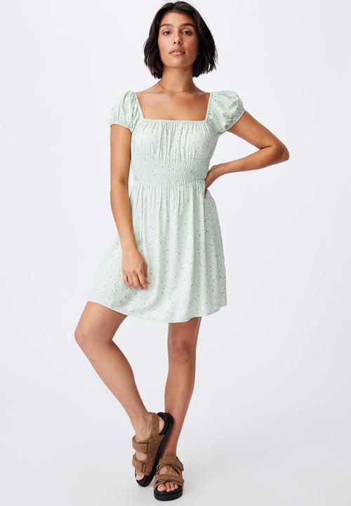 Cotton On - Woven frankie puff sleeve shirred fit and flare mi - riddle ditsy spring mint