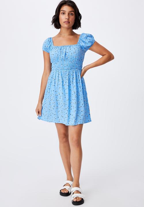 Cotton On - Woven frankie puff sleeve shirred fit and flare mi - riddle ditsy collegiate blue