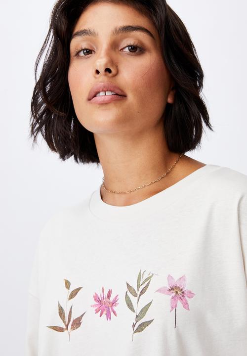 Cotton On - Oversized graphic T-shirt dress - leaves and flowers /white sand