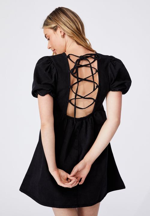 Cotton On - Denim open back babydoll mini dress - black