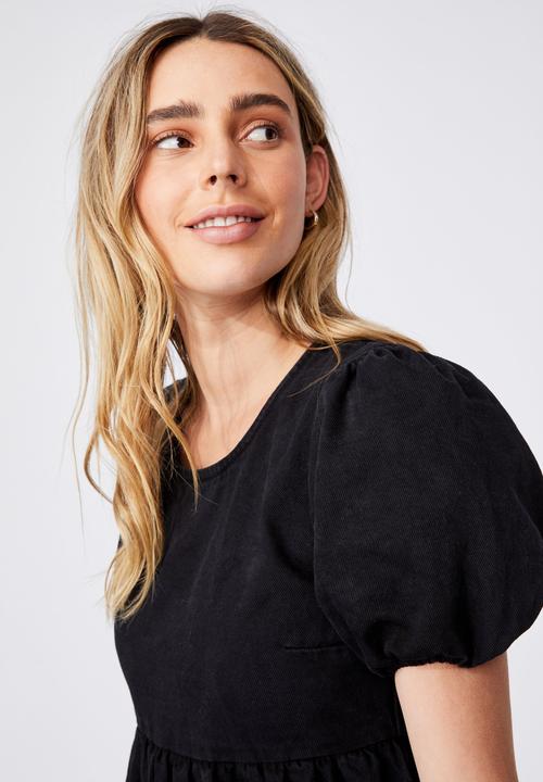 Cotton On - Denim open back babydoll mini dress - black