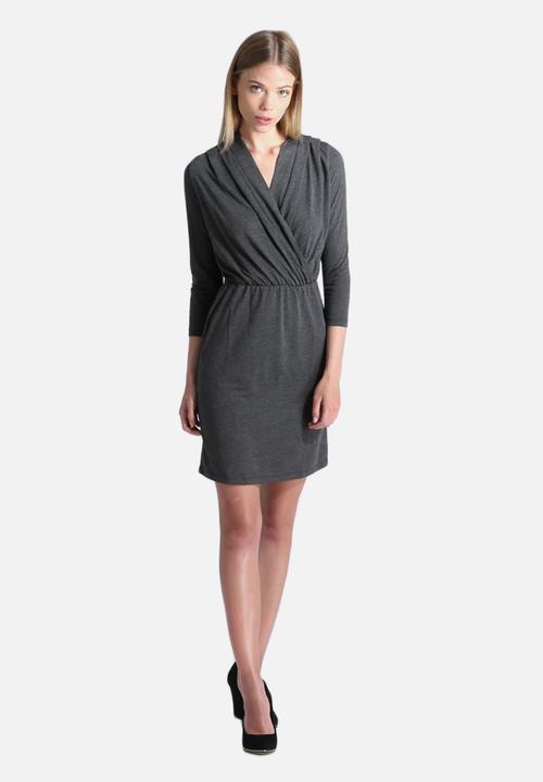 grey check dress WRAP-FRONT MIDI DRESS (Grey Ravens & Blossoms)  THEBLACKWARDROBE.COM