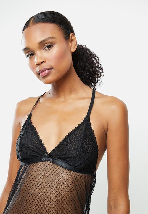 KANGOL - Single dobby mesh & eyelash lace chemise - black