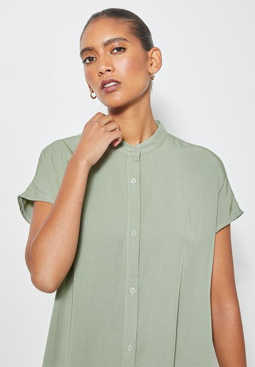 Superbalist - Single tiered mandarin collar shirt dress - sage