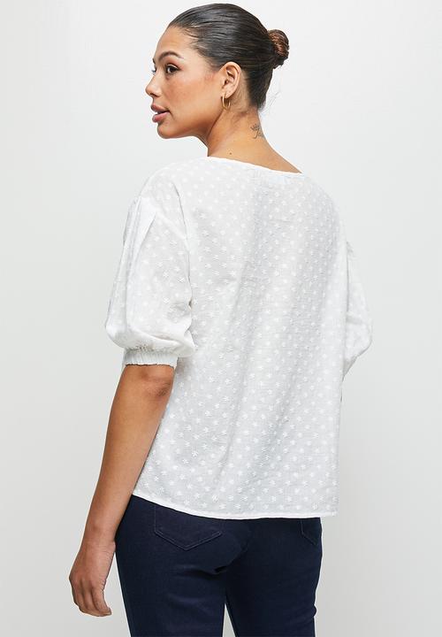 edit - Cotton embroidered puff slv shell - white