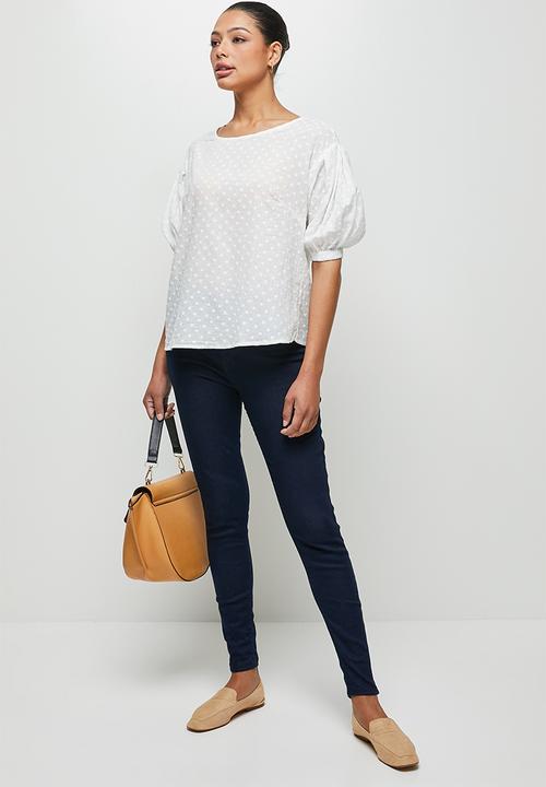 edit - Cotton embroidered puff slv shell - white