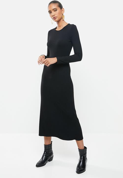 VELVET - Rib column midi dress with open back - black