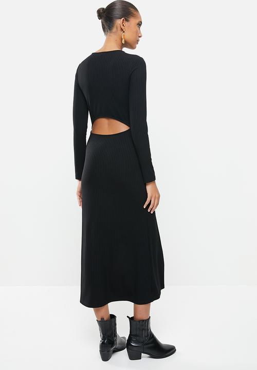 VELVET - Rib column midi dress with open back - black