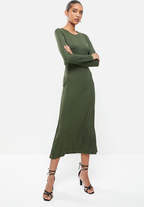 VELVET - Rib column midi dress with open back - olive