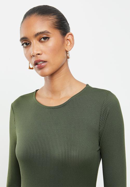 VELVET - Rib column midi dress with open back - olive