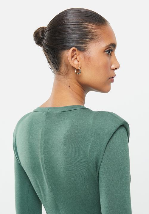 VELVET - Knit shoulder pad longline bodycon dress - green