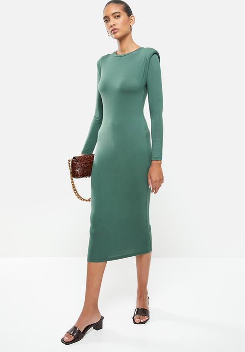 VELVET - Knit shoulder pad longline bodycon dress - green